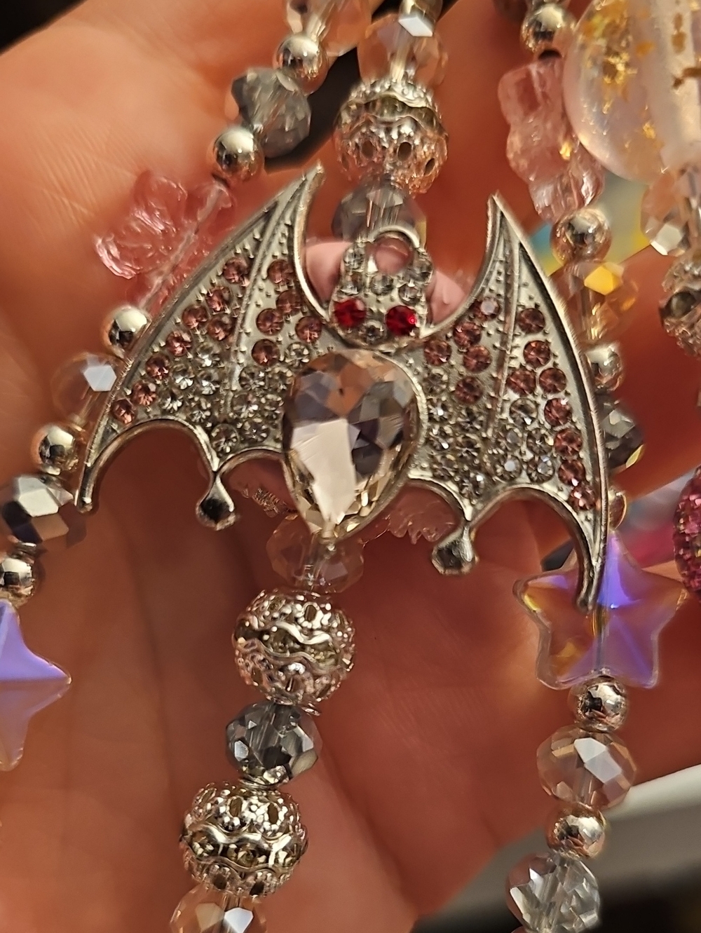 Silver Bat Purse Charm with Pink and Clear Crystals